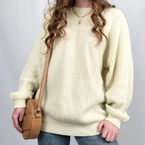 Vintage Sweaters - Vintage Oversized Slouchy Ribbed Cable Knit Crew Neck Sweater Preppy Academia